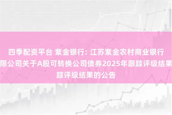 四季配资平台 紫金银行: 江苏紫金农村商业银行股份有限公司关于A股可转换公司债券2025年跟踪评级结果的公告